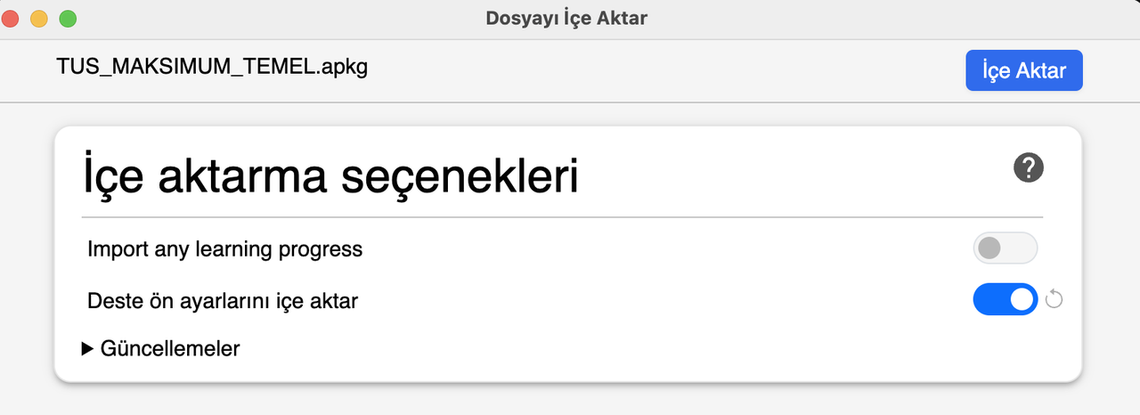 Anki'nin içe aktarma penceresi. Deste ön ayarlarını içe aktar anahtarı açık.